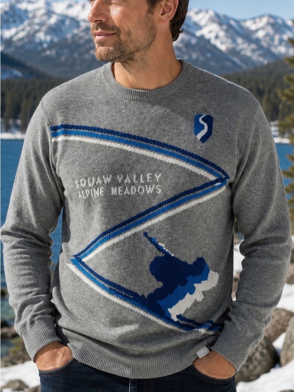 Cirque Squaw Valley Alpine Meadows Ski Sweater Mens XL Vintage Retro Skier Gray